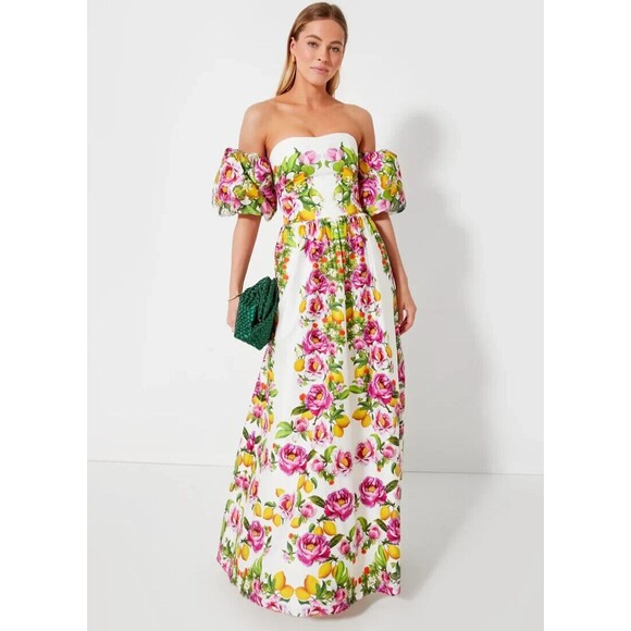 NWT. $1K BORGO DE NOR Pink Juliet Floral Print Off-shoulder Dress SZ 12 white - Picture 4 of 10